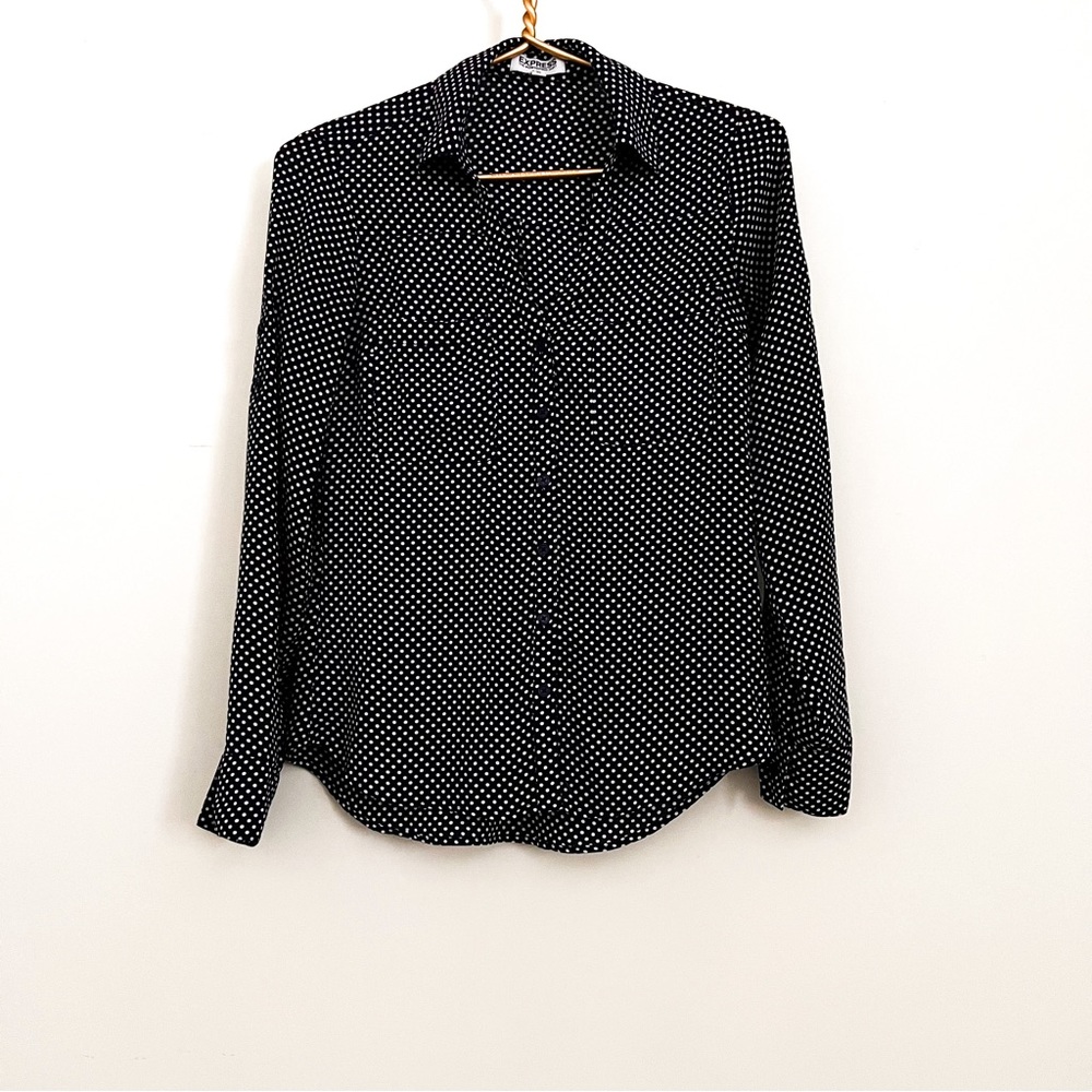 Express portofino slim-fit extra small navy blue blouse with white polka dots